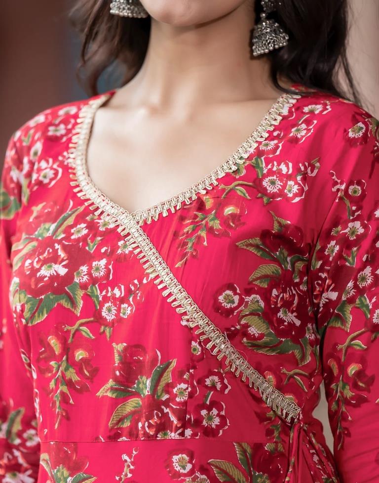 Printed Cotton Angrakha Style Kurta in Dark Pink : TKV433